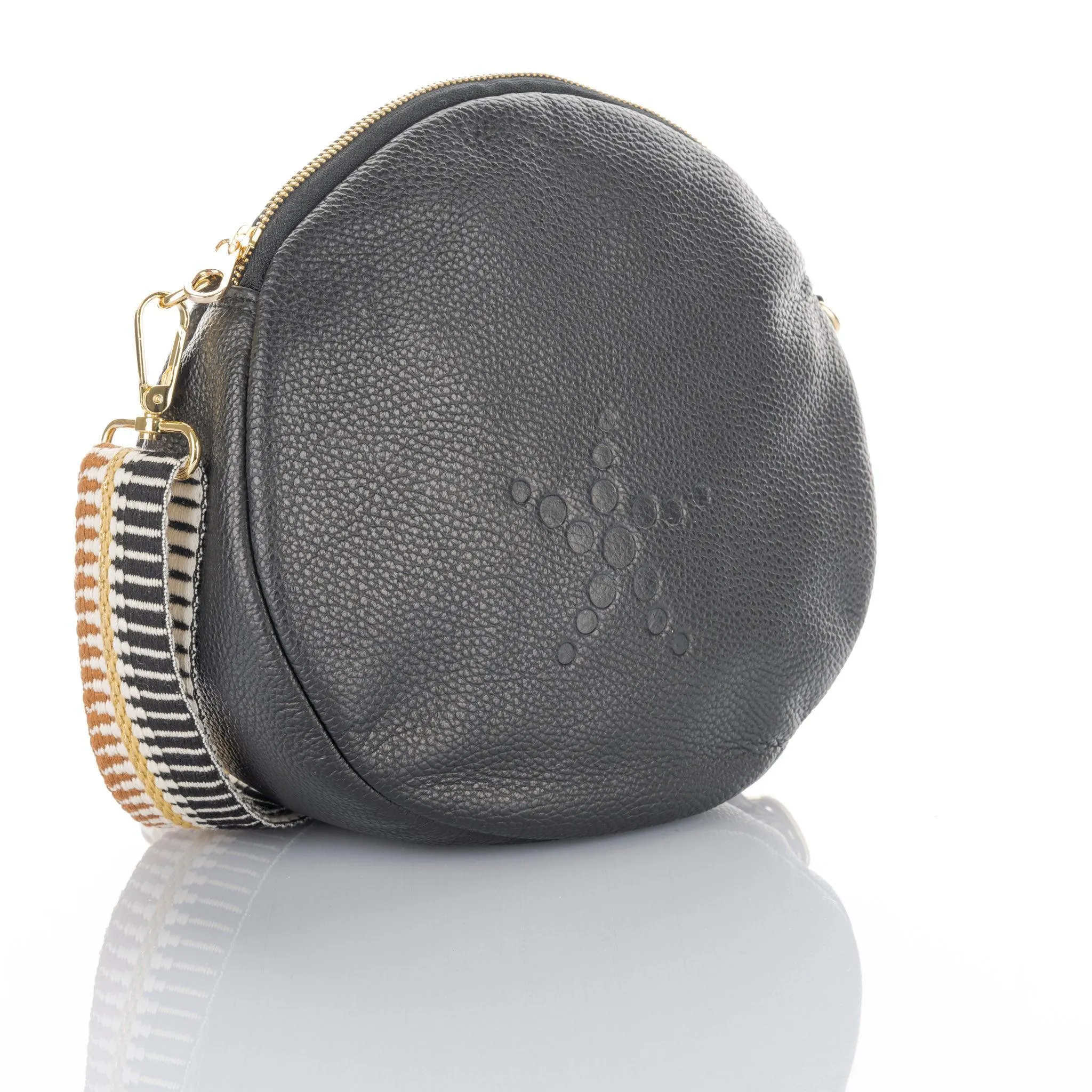 Alondra - Full Grain Leather Round Crossbody Bag - Black