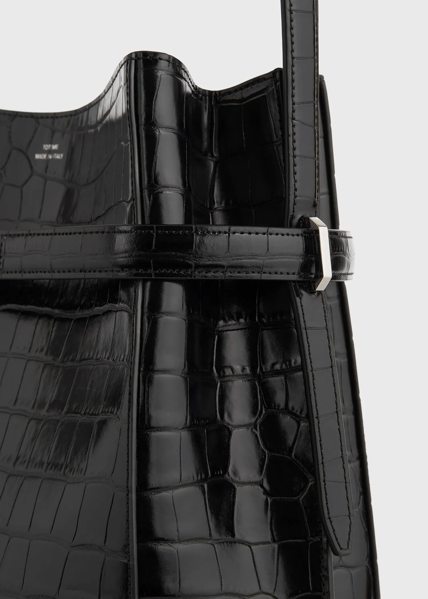 Belted croco-embossed bucket bag black