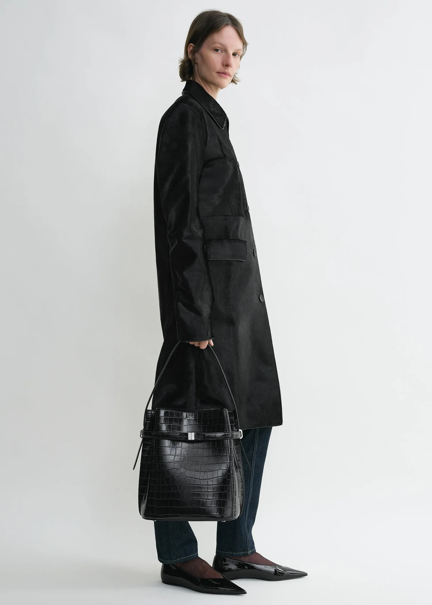 Belted croco-embossed bucket bag black