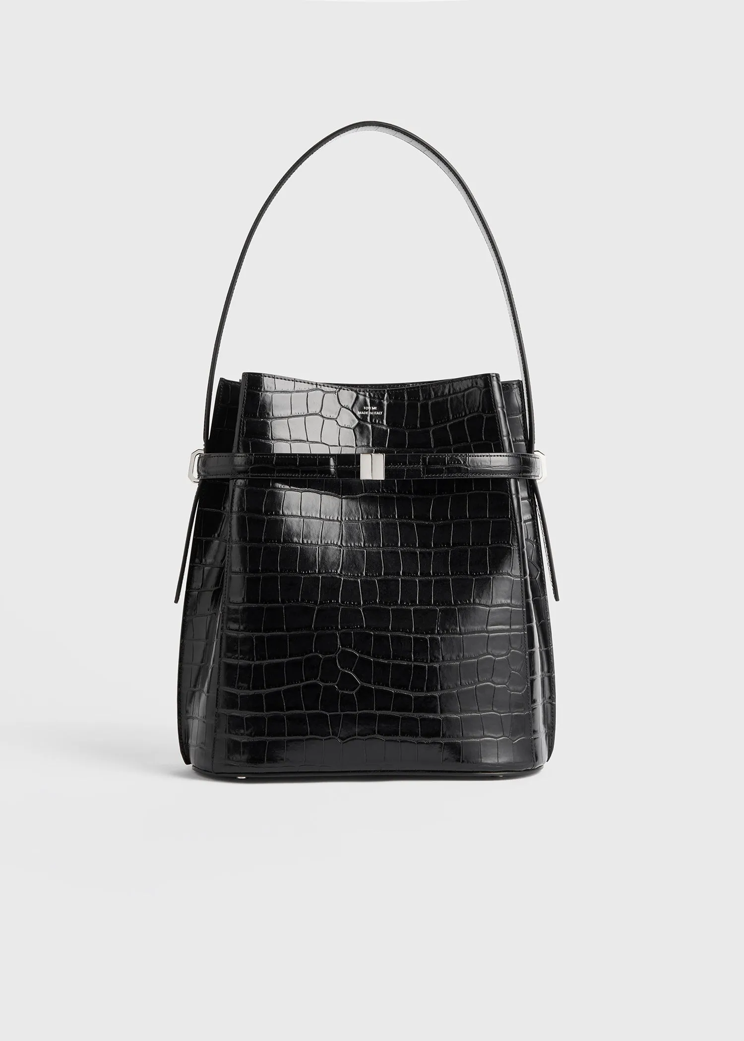 Belted croco-embossed bucket bag black