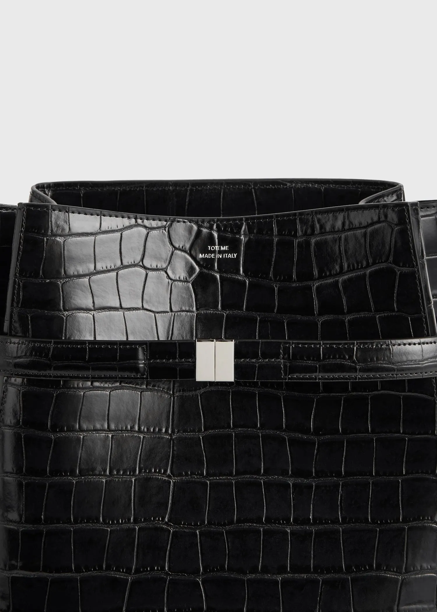 Belted croco-embossed bucket bag black