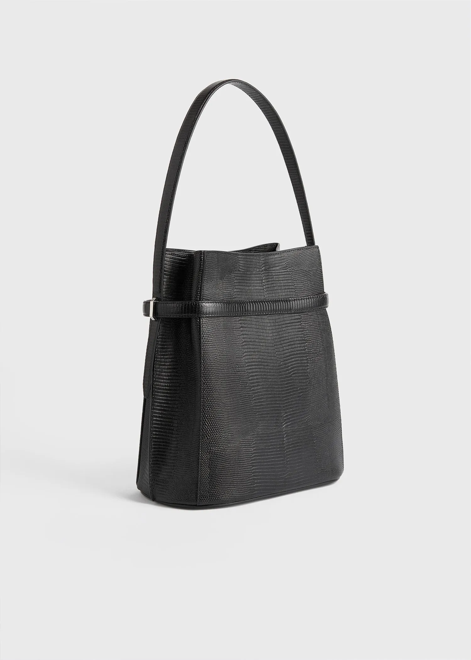 Belted lizard-embossed bucket bag black