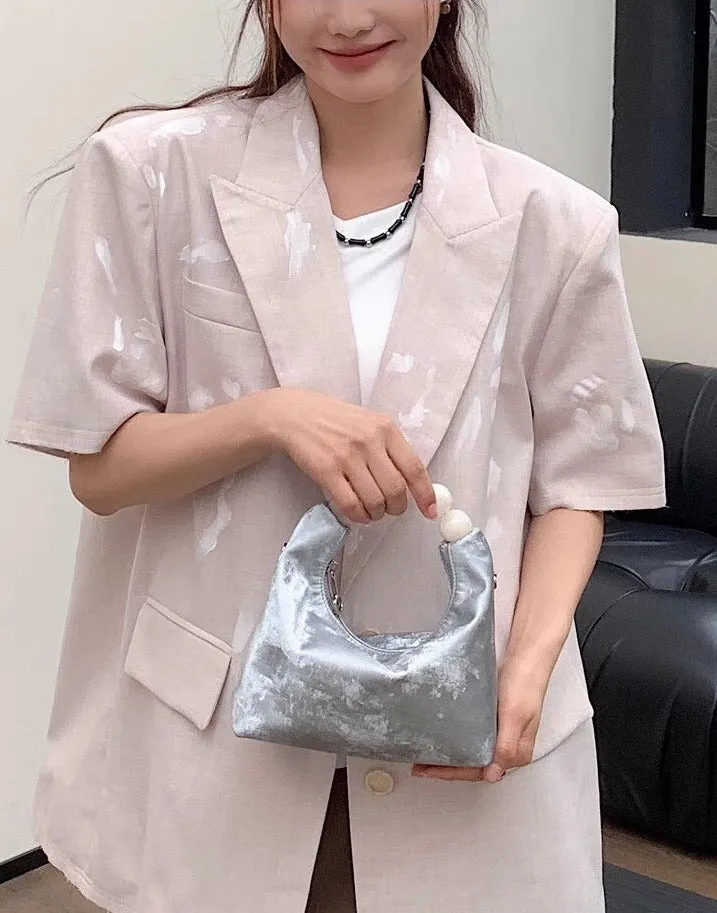 Big Pearl Handle Subtle Glossy Leather Tote