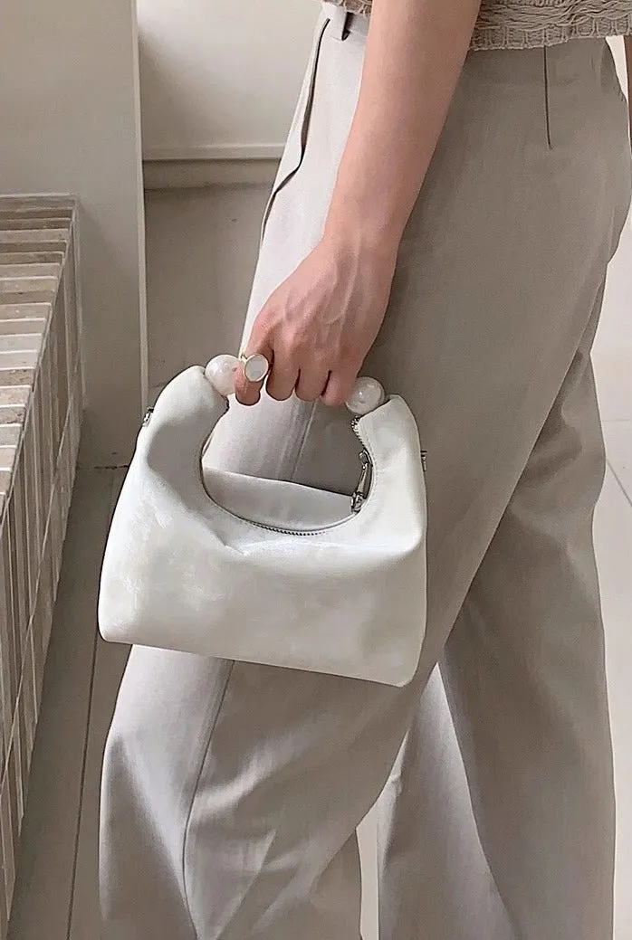 Big Pearl Handle Subtle Glossy Leather Tote