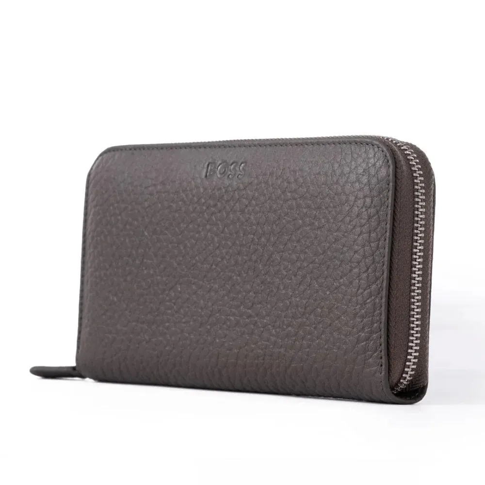 BOSS Leather Zip-Up Wallet with Logo