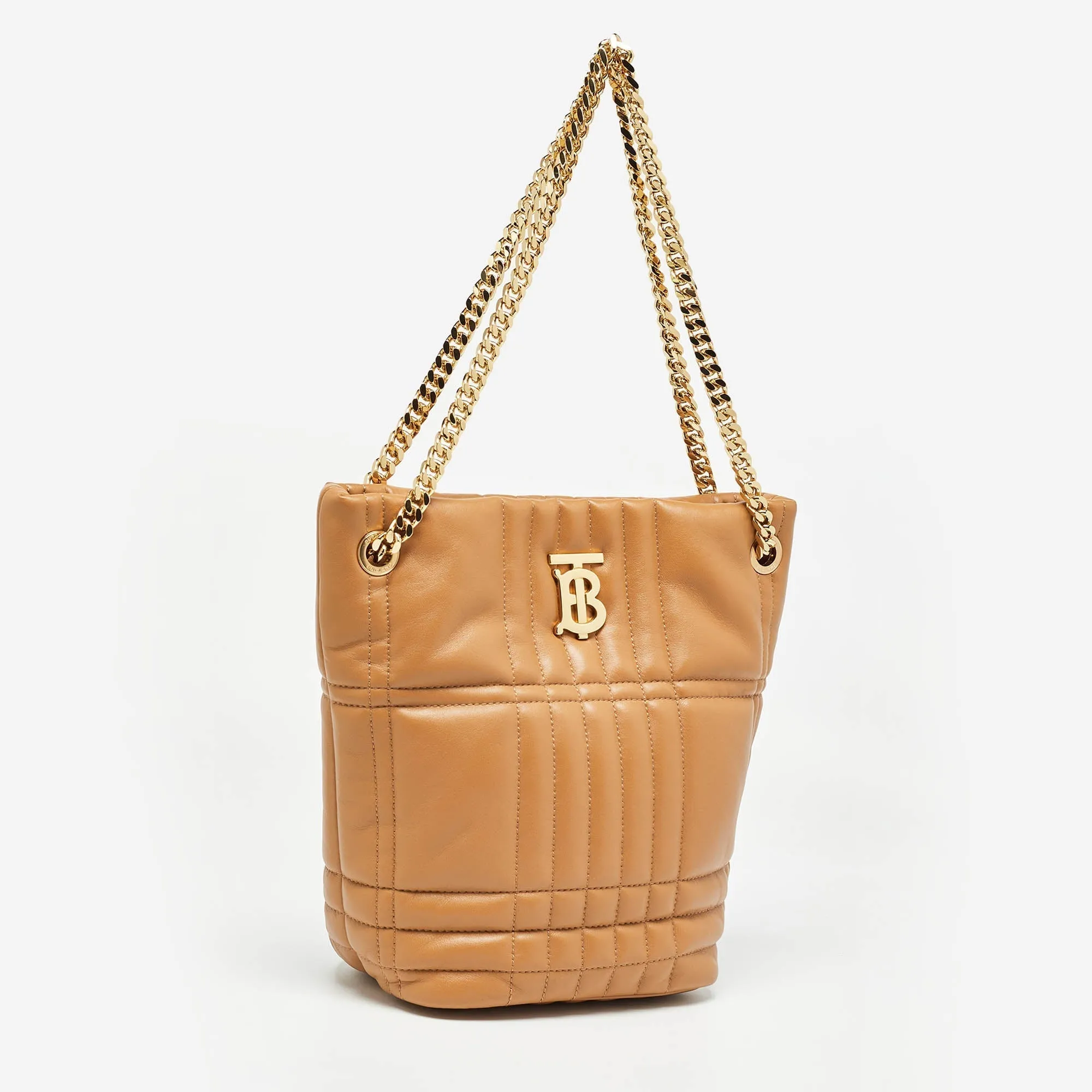 BURBERRY Marple Brown Embossed Check Leather Small Lola Bucket Bag