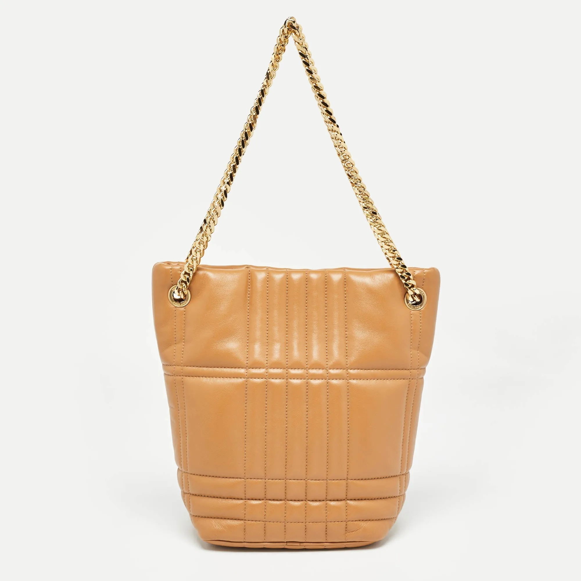 BURBERRY Marple Brown Embossed Check Leather Small Lola Bucket Bag