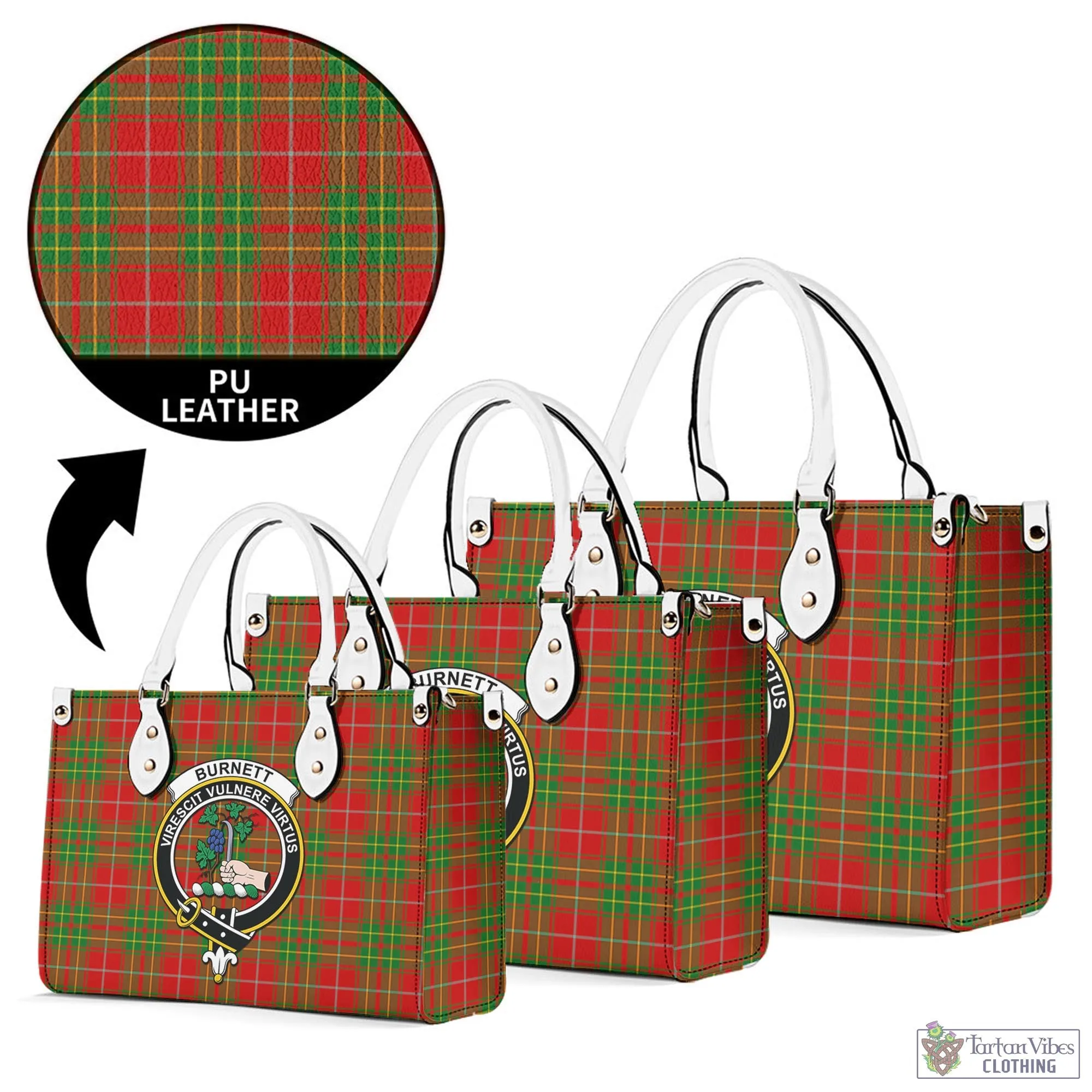 Burnett Tartan Luxury Leather Handbags with Family Crest