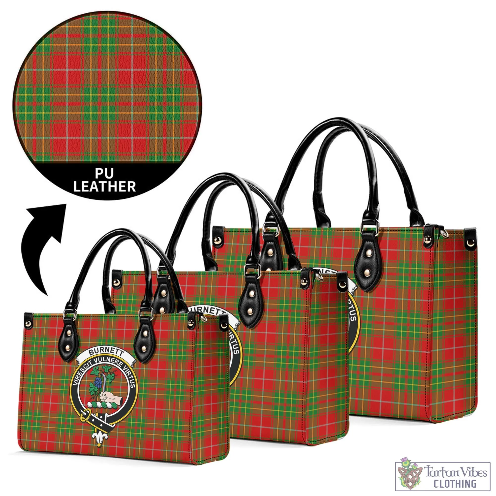 Burnett Tartan Luxury Leather Handbags with Family Crest