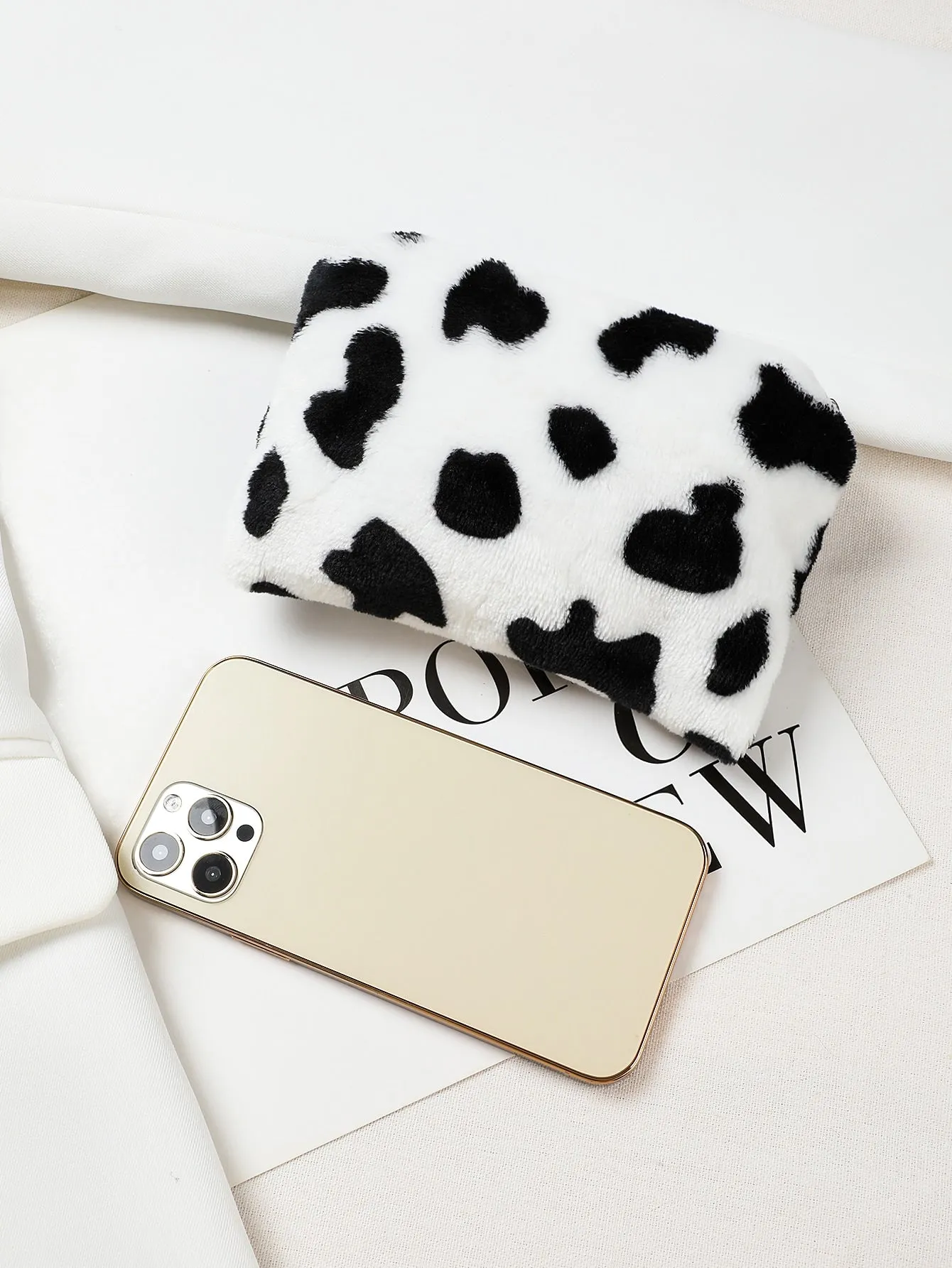 Fuzzy Cow Pattern Coin Purse Zipper Mini Bag Change Pouch Small Coin Case