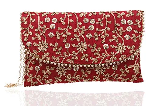 Kuber Industries Women's Handcrafted Embroidered Clutch Bag Purse Handbag for Bridal, Casual, Party, Wedding (Maroon) CTKTC034509