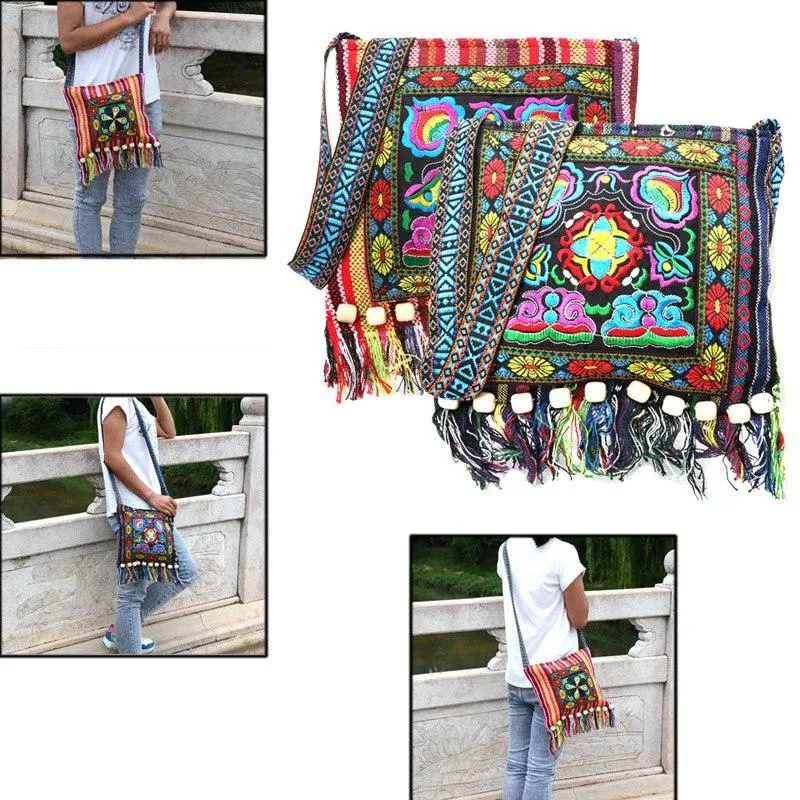 Linen Thai Embroidery Totes Shoulder Tassels National Tibet Floral Soft Bags