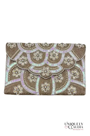 Luxe Bronze Beaded Satin Envelope Clutch