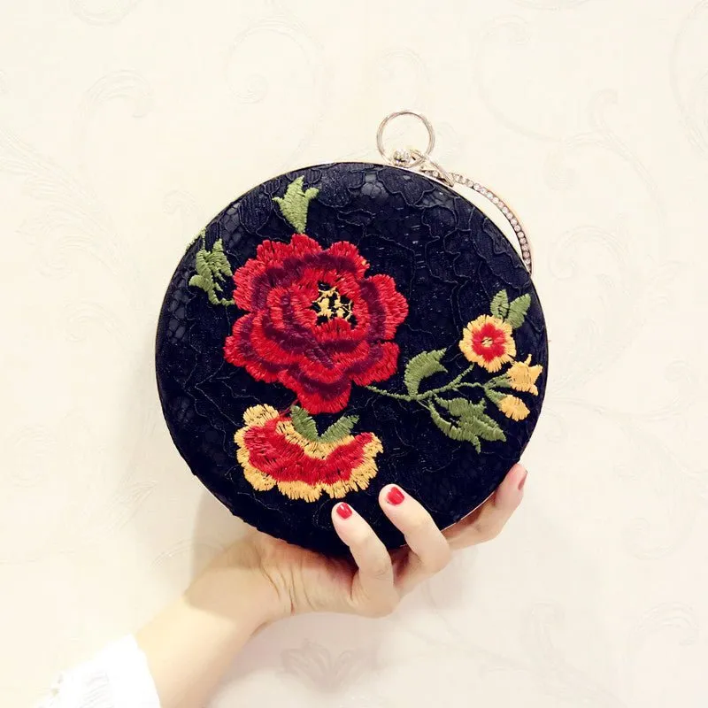 Luxy Moon Embroidered Round Flower Black Evening Bag