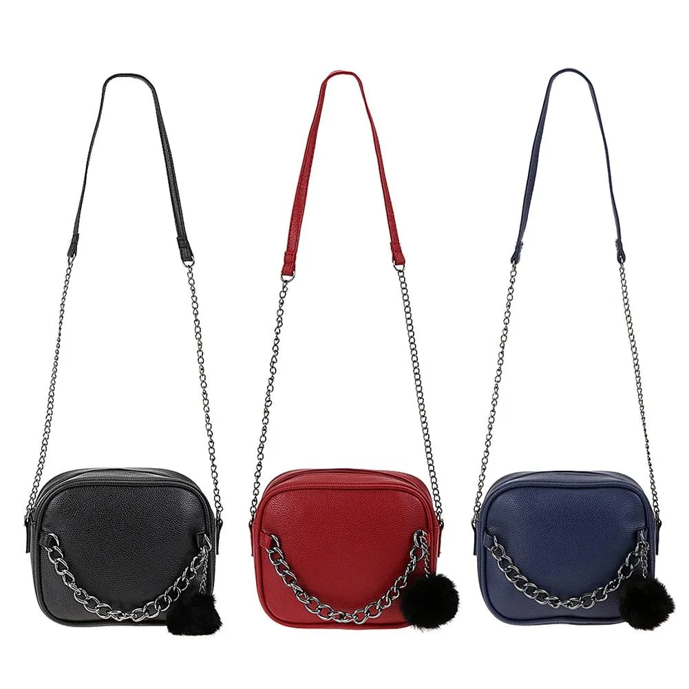 Metal Chain Messenger Bag with Pompom Keychain