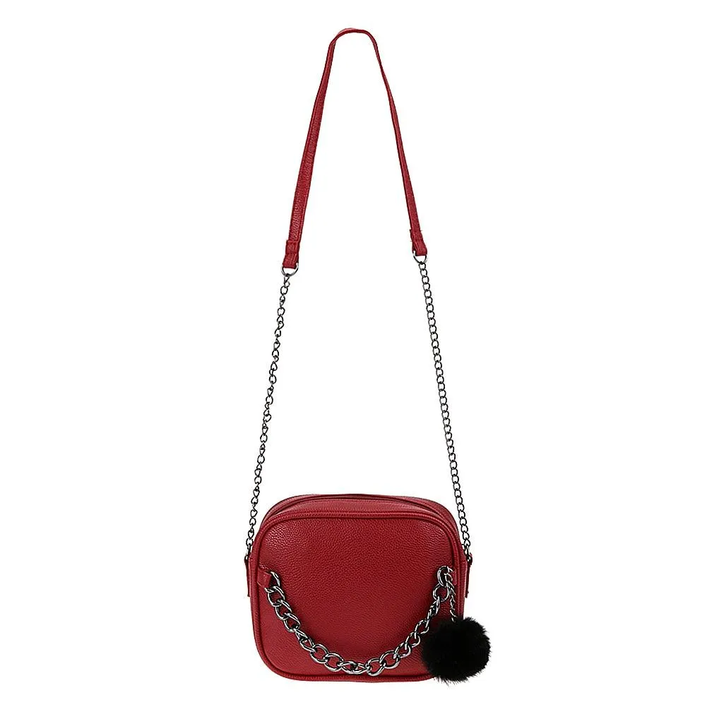 Metal Chain Messenger Bag with Pompom Keychain