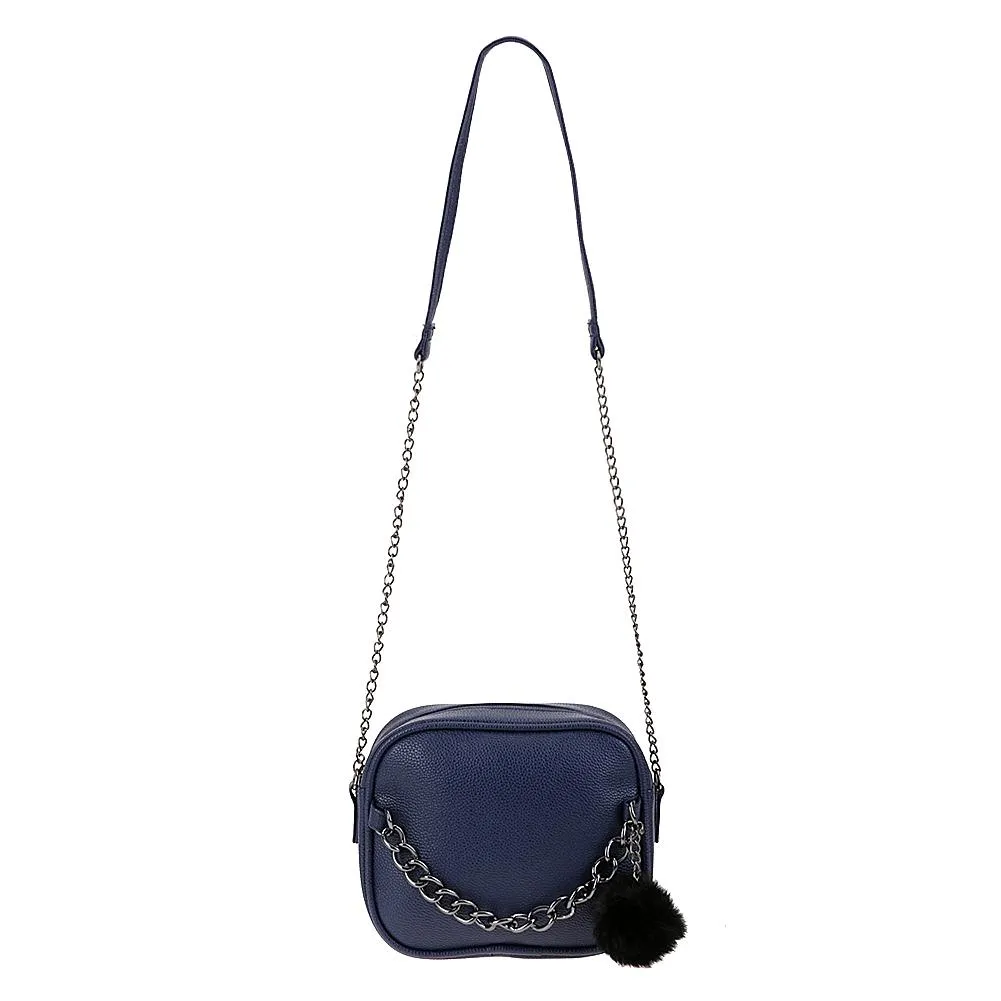 Metal Chain Messenger Bag with Pompom Keychain