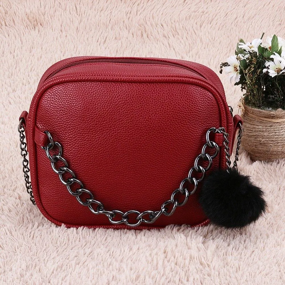 Metal Chain Messenger Bag with Pompom Keychain