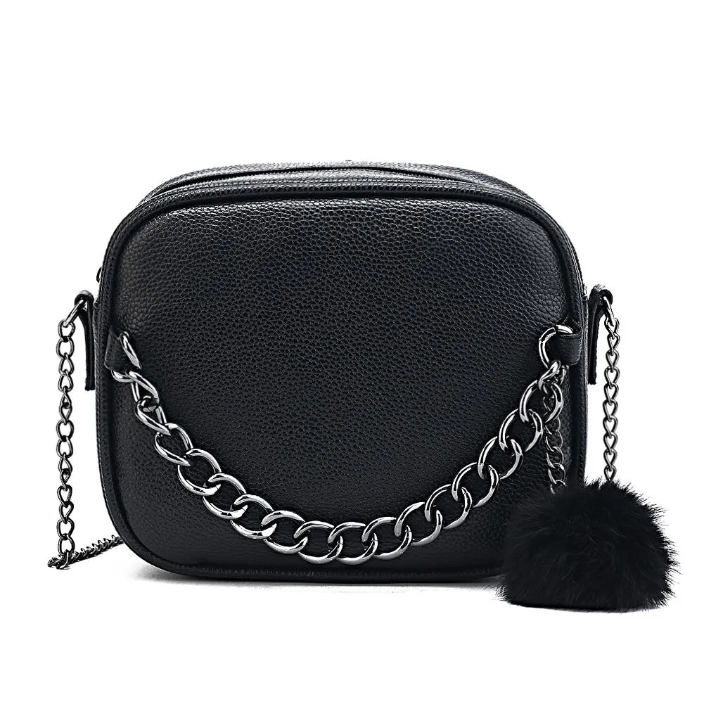 Metal Chain Messenger Bag with Pompom Keychain