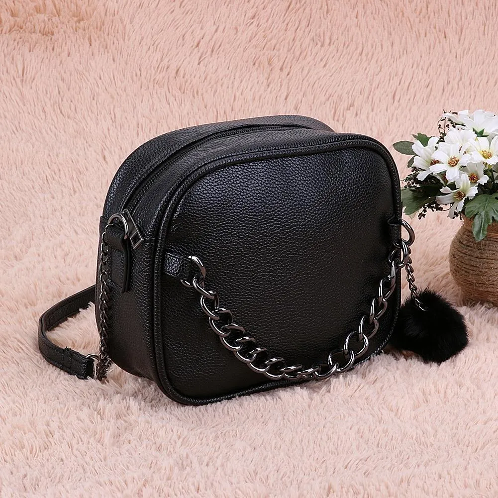 Metal Chain Messenger Bag with Pompom Keychain