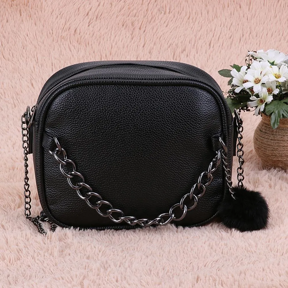 Metal Chain Messenger Bag with Pompom Keychain