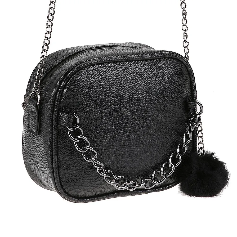 Metal Chain Messenger Bag with Pompom Keychain