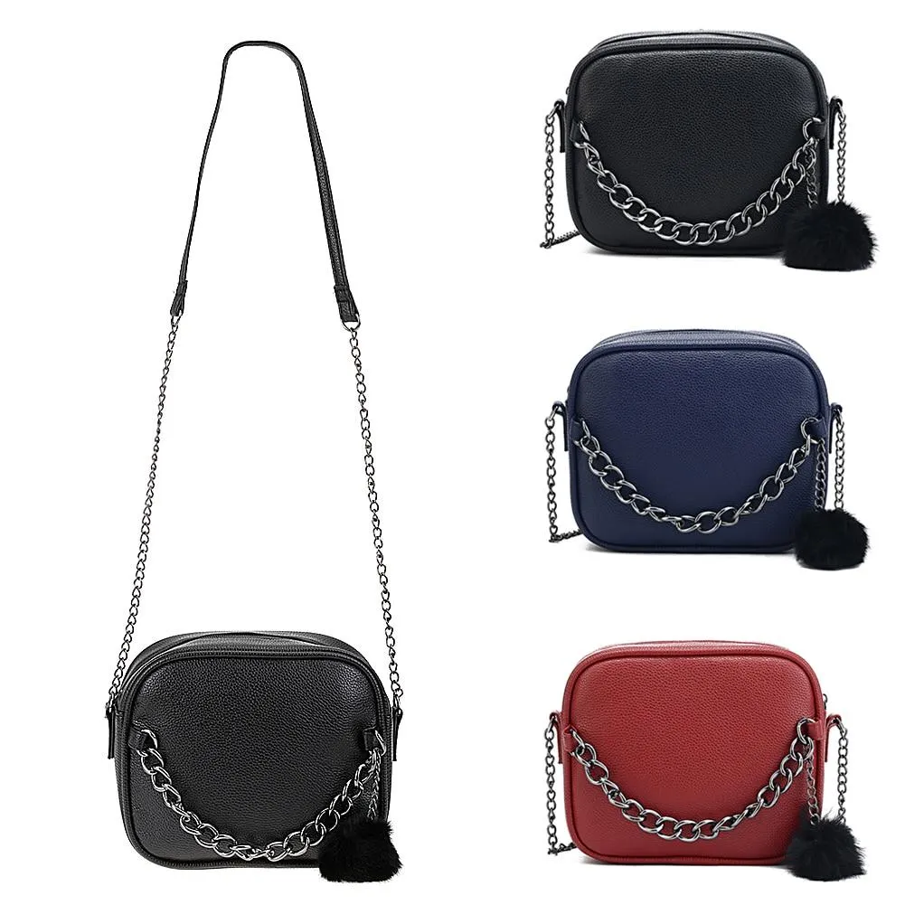 Metal Chain Messenger Bag with Pompom Keychain