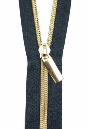 Navy #5 Nylon Gold Coil Zippers: 3 Yards With 9 Pulls - Sallie Tomato