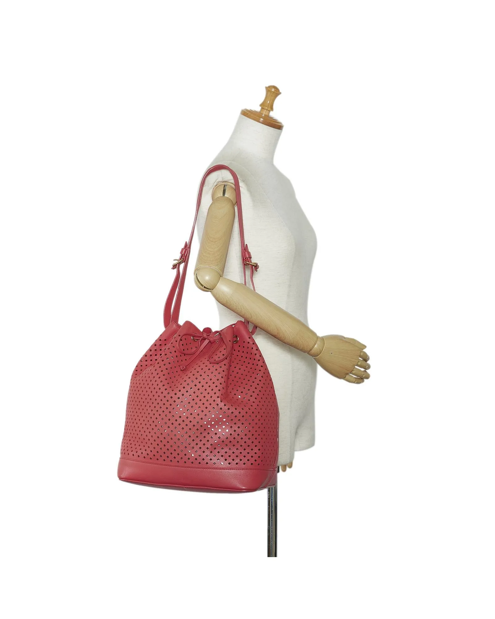 Perforated Leather Drawstring Shoulder Bag