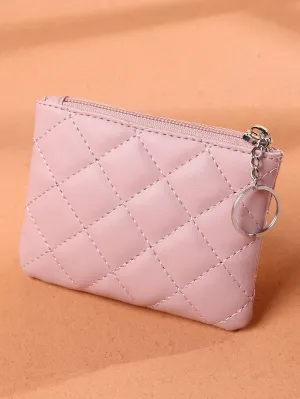 Pink Quilted Coin Purse With Keyring Zipper Coin Purse Mini Bag Change Pouch