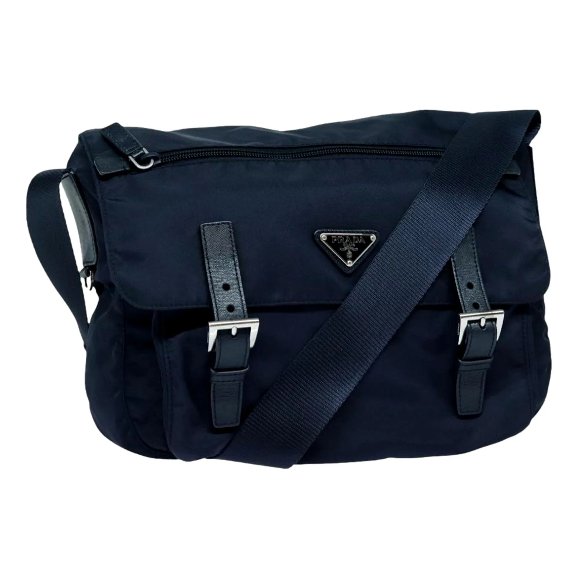 Prada Tessuto Re-Nylon Messenger Crossbody Bag Blue Nero Navy Medium