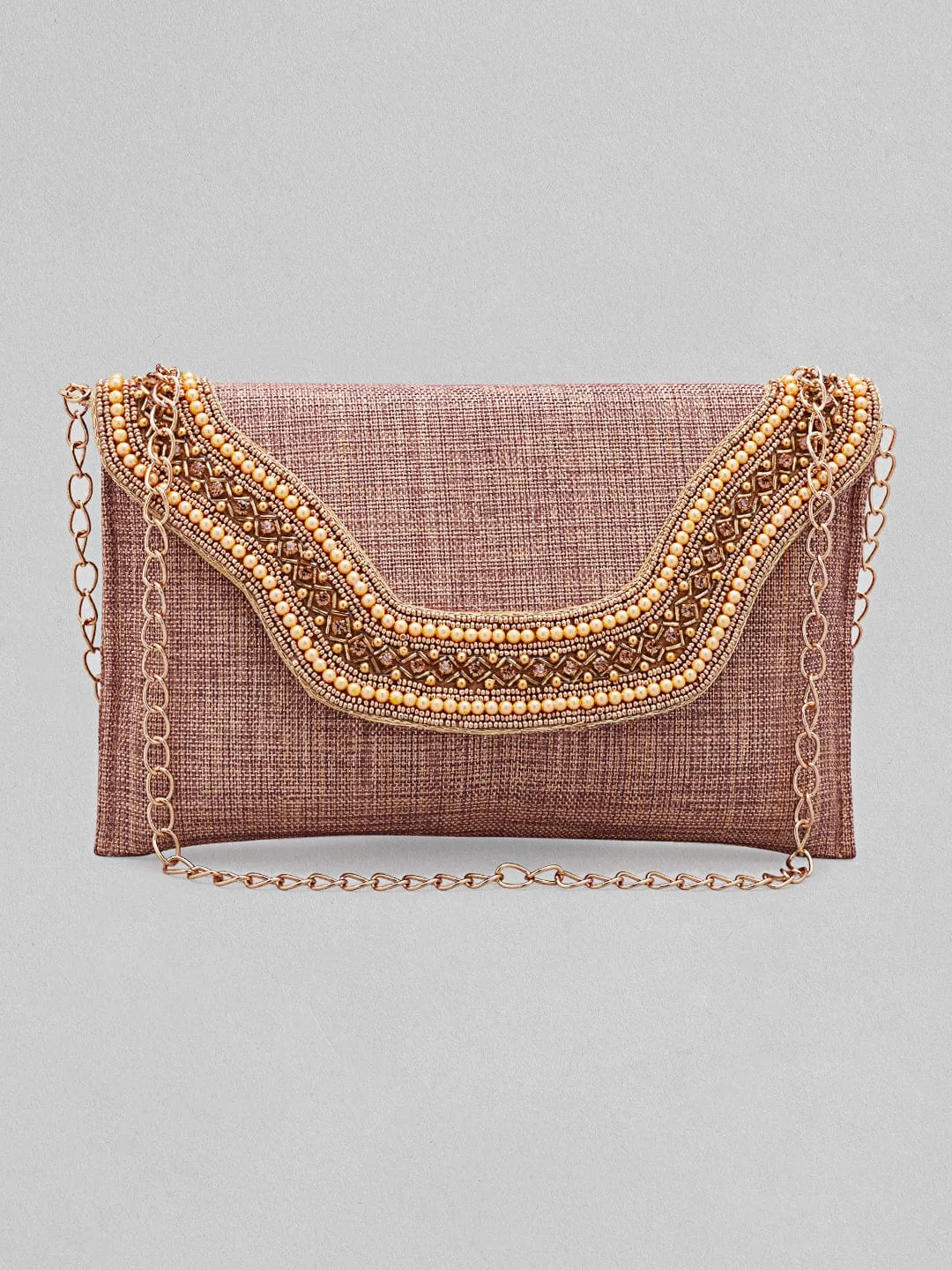 Rubans Dusky Pink Coloured Clutch With Texture And Studded Stones