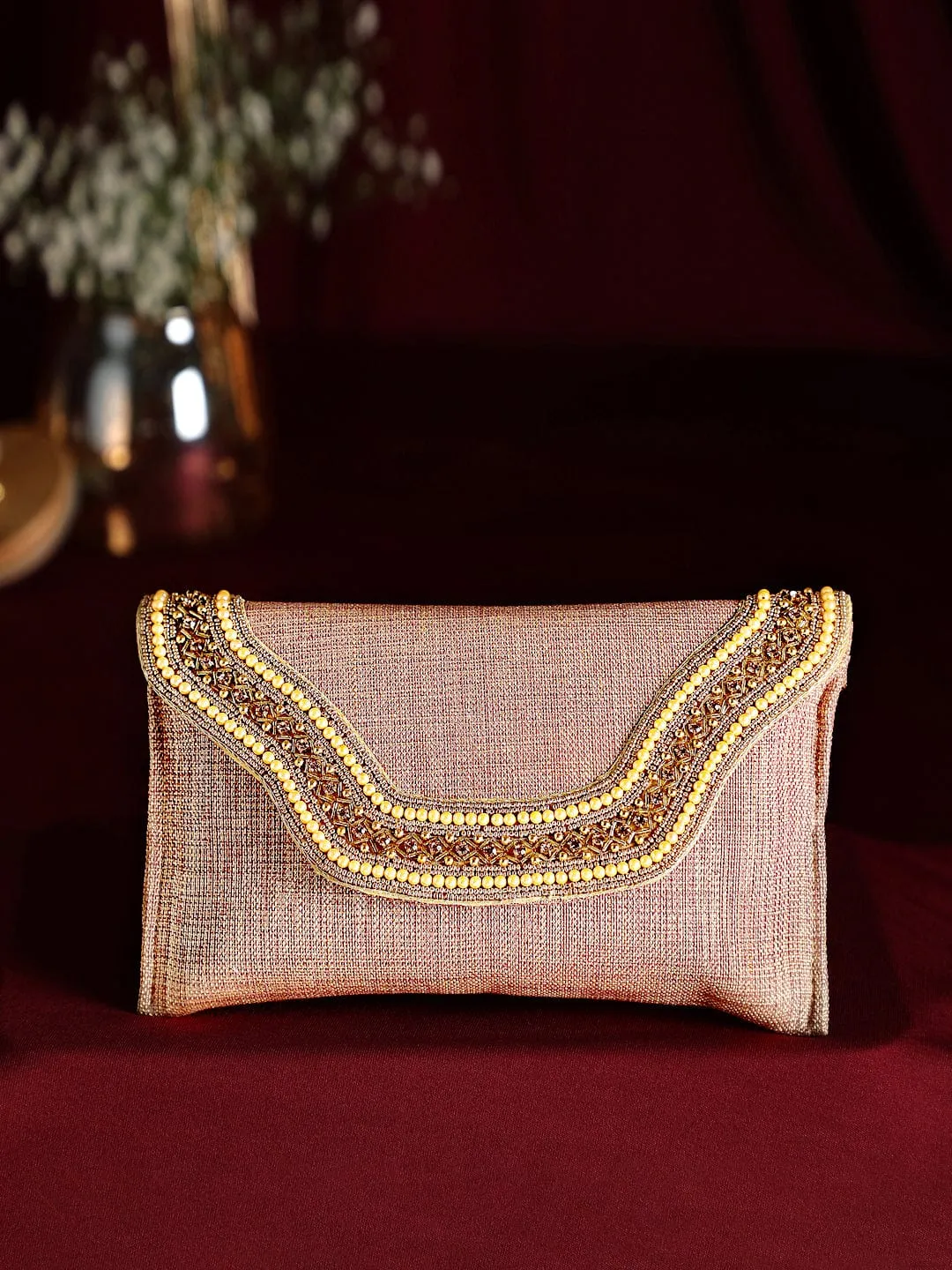 Rubans Dusky Pink Coloured Clutch With Texture And Studded Stones