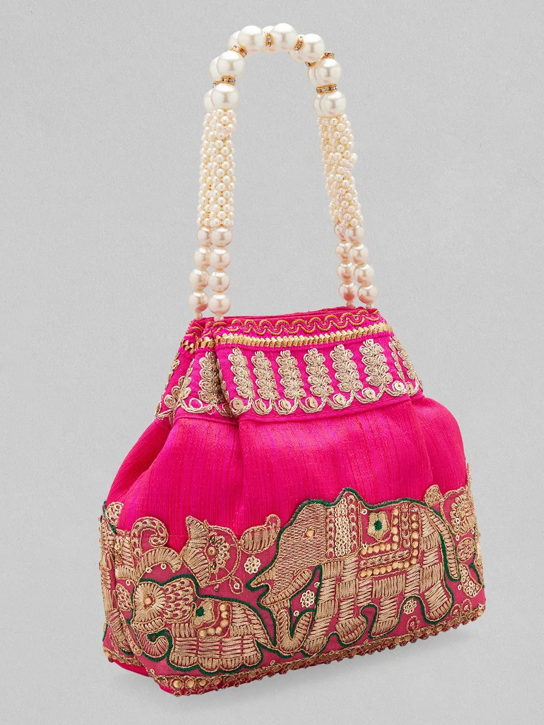 Rubans Pink Coloured Potli Bag With Golden Embroidery Design