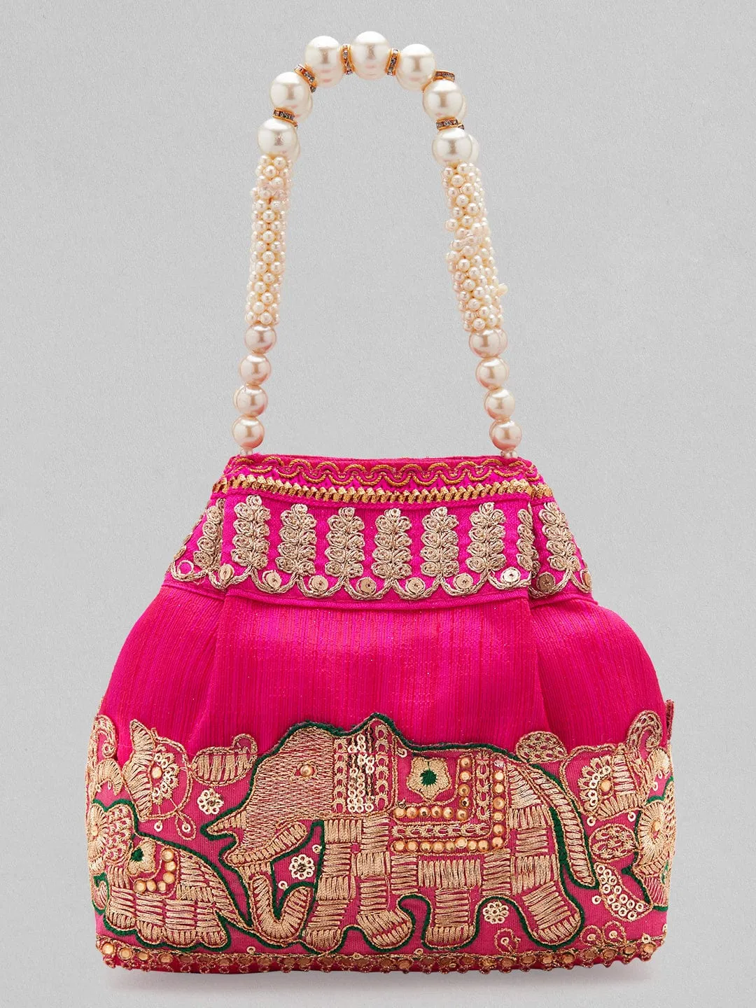 Rubans Pink Coloured Potli Bag With Golden Embroidery Design