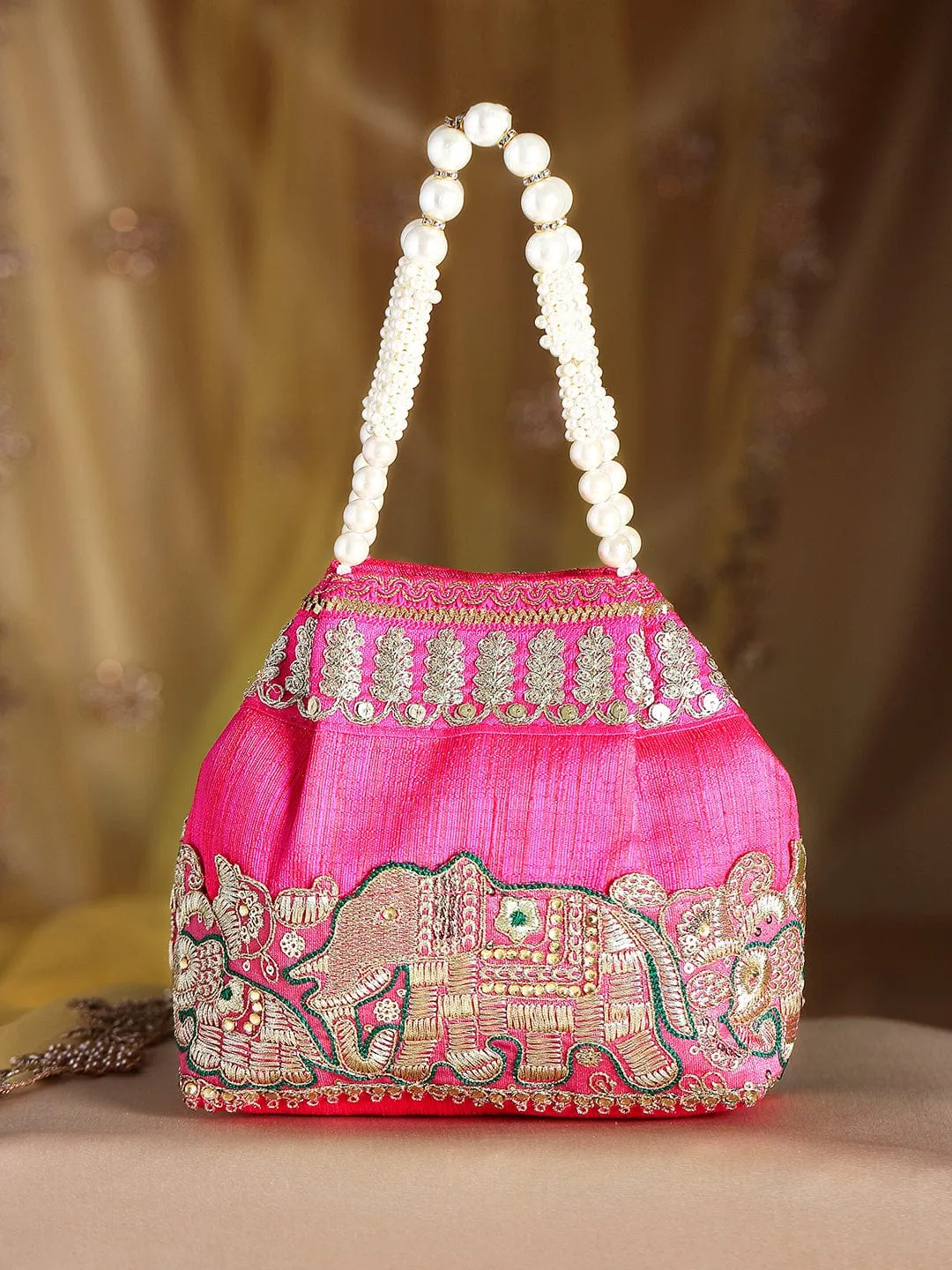 Rubans Pink Coloured Potli Bag With Golden Embroidery Design