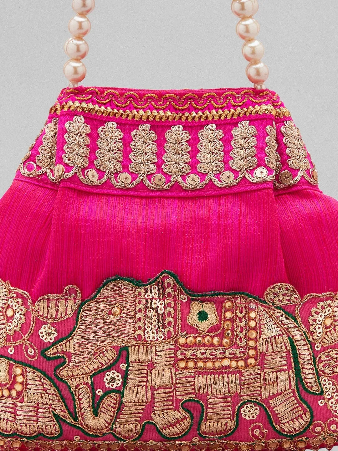 Rubans Pink Coloured Potli Bag With Golden Embroidery Design