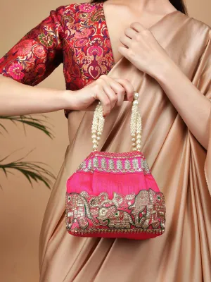 Rubans Pink Coloured Potli Bag With Golden Embroidery Design