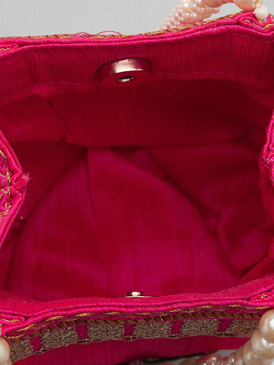 Rubans Pink Coloured Potli Bag With Golden Embroidery Design