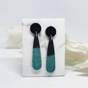 Shiny Green Glitter with Black Teardrop Earrings