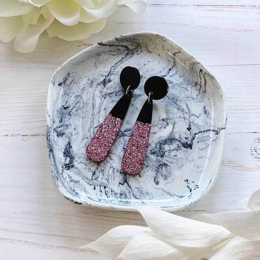 Shiny Pink Glitter and black drop earrings