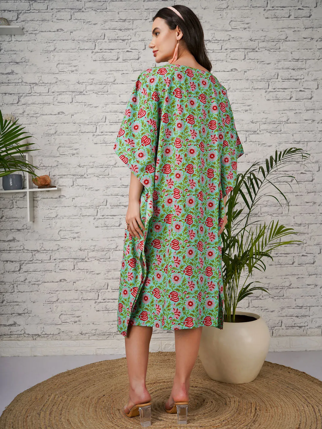 SHREY - GREEN FLORAL PRINT MATERNITY KAFTAN WITH EMBROI