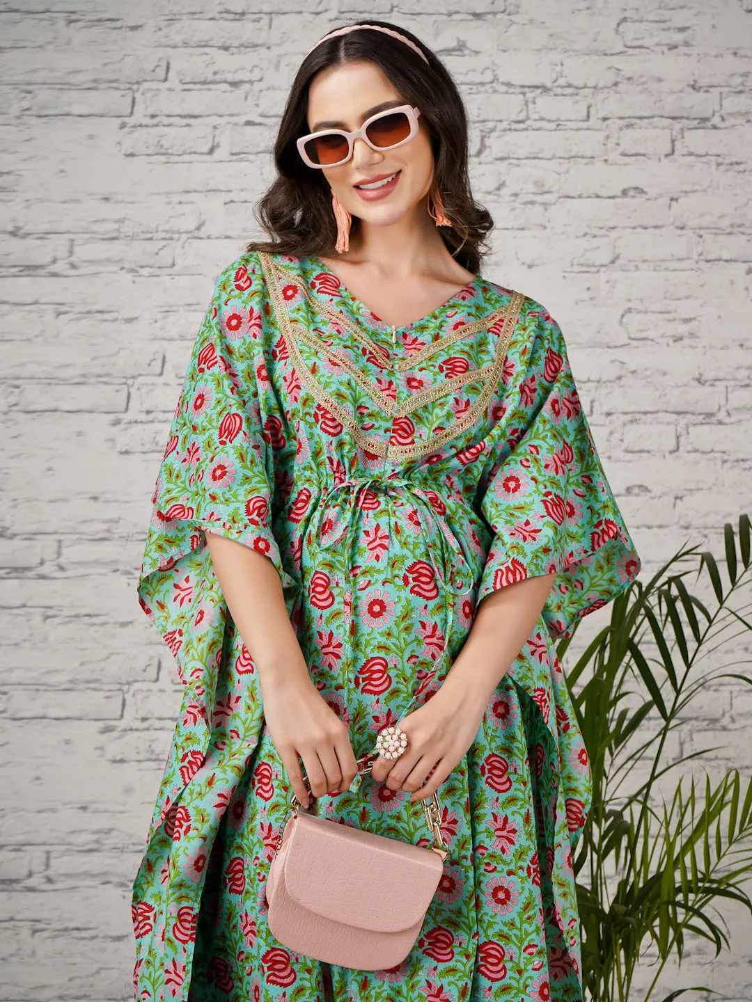 SHREY - GREEN FLORAL PRINT MATERNITY KAFTAN WITH EMBROI