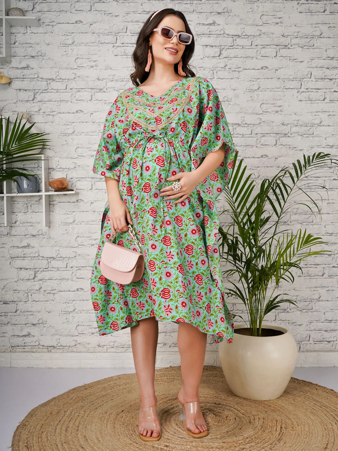 SHREY - GREEN FLORAL PRINT MATERNITY KAFTAN WITH EMBROI