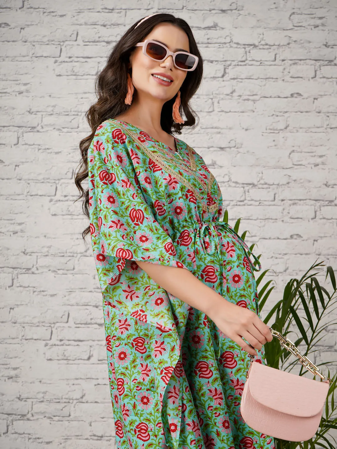 SHREY - GREEN FLORAL PRINT MATERNITY KAFTAN WITH EMBROI