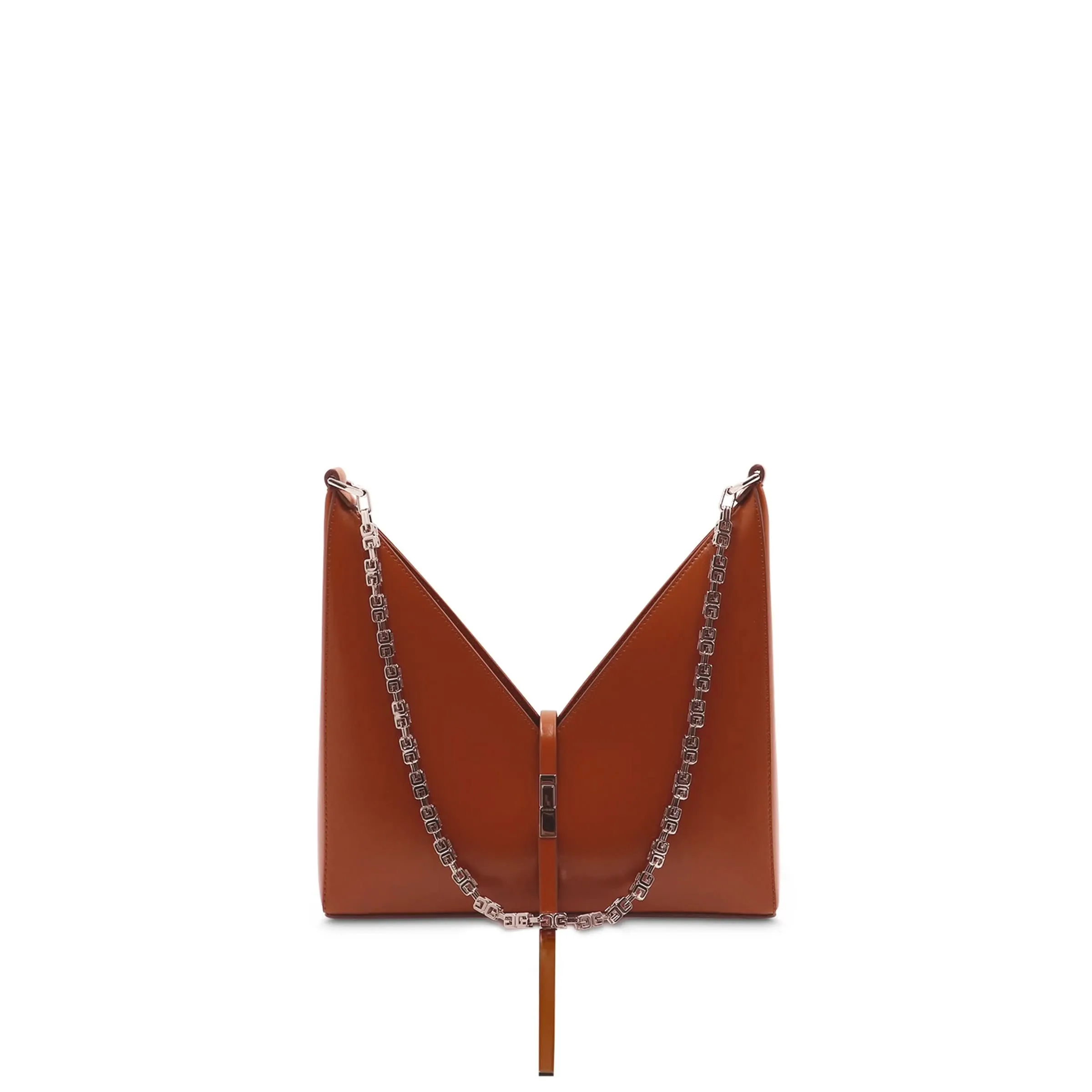 Small Cut Out Bag with Chain in Box Leather in Chestnut