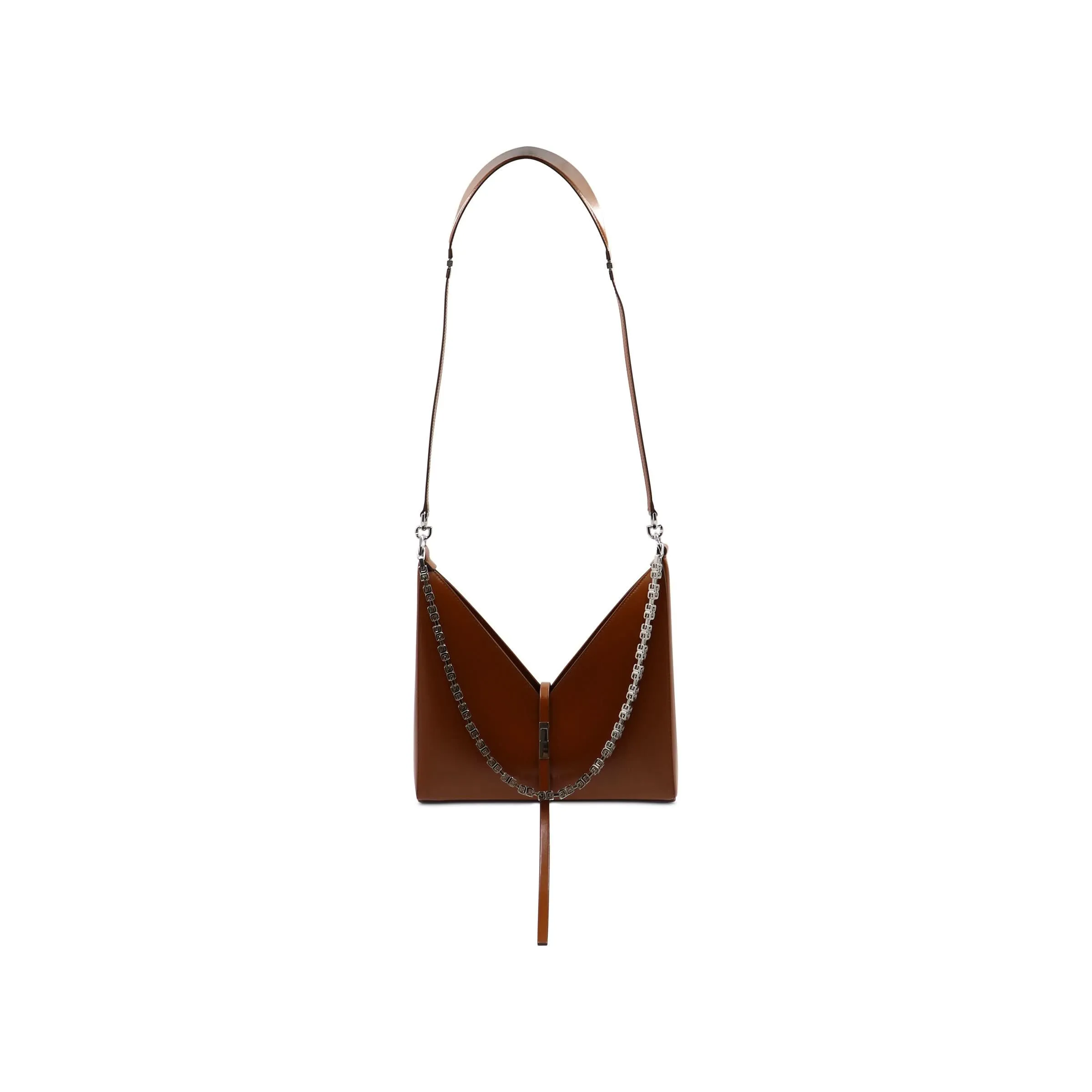 Small Cut Out Bag with Chain in Box Leather in Chestnut