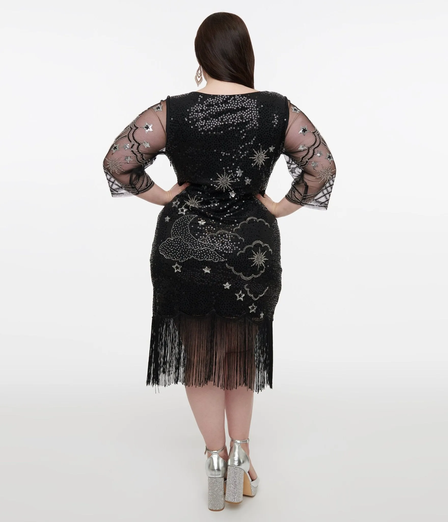 Unique Vintage Plus Size 1920s Black & Silver Moon & Stars Sequin Margaux Flapper Dress