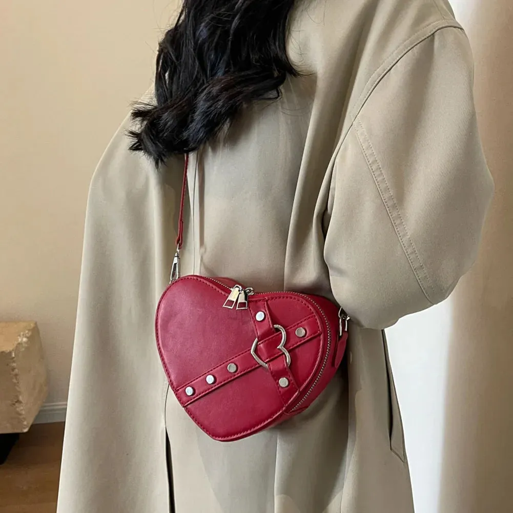 Vintage Chain Rivet PU Heart Small Leather Y2K Red Shaped Bag